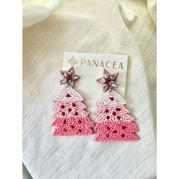 Panacea shades of light and hot pink Christmas tree bearded dangle earrings - Picture 1 of 2